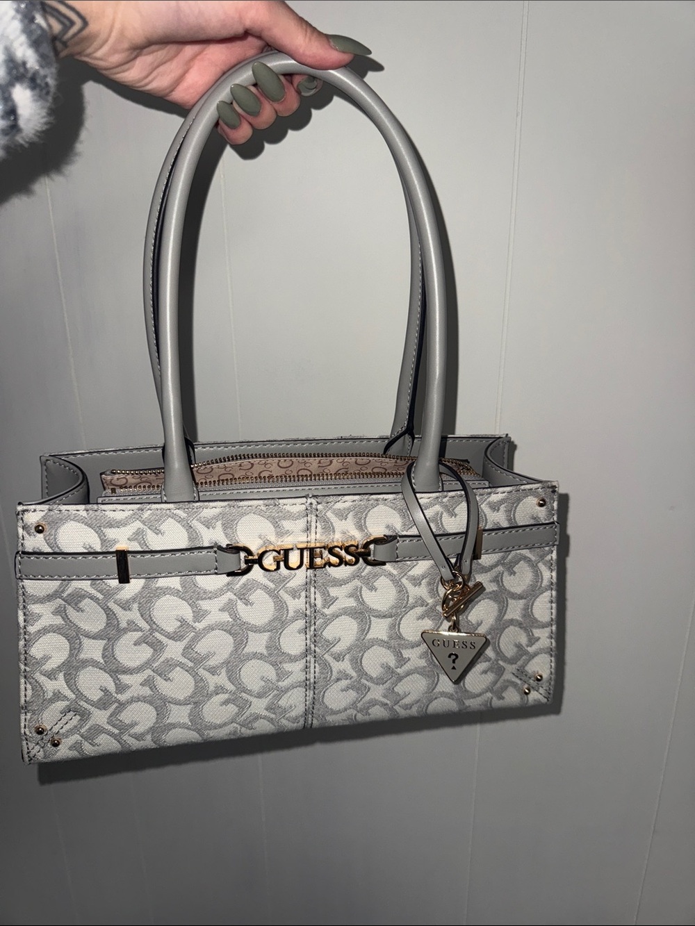 Guess Light Gray Logo Tote with Gold Hardware
